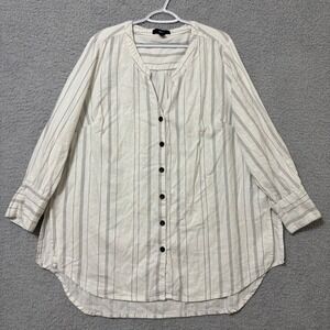 Linen Blend Ivory Black Striped Button Down Tunic Shirt Relaxed Fit Size 24